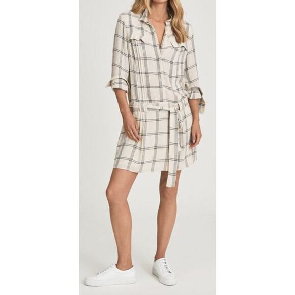 Reiss Dasha Windowpane Plaid‎ Mini Shirt Dress Belted Mock Neck Size 4 White - Picture 1 of 6